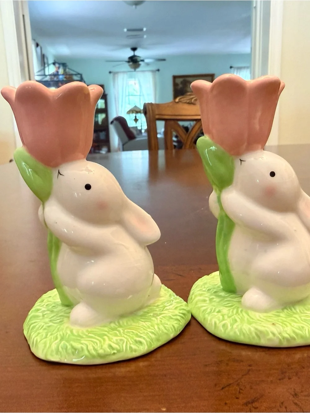 Set of 2 Hallmark Ceramic Bunny Tulip Candle Holders Easter Spring Decor